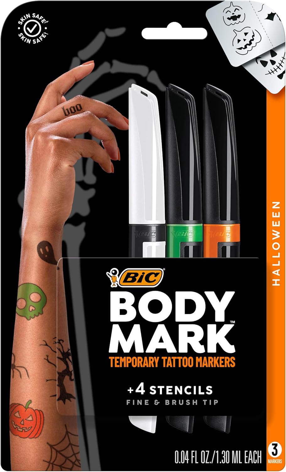 BodyMark Halloween Pack - Deluxe Body Markers, Premium Temporary Tattoo Markers for Skin, DIY Halloween Costume Long Lasting Temporary Tattoos, Custom Tattoo Kit with 3ct Markers & 4ct Spooky Stencils