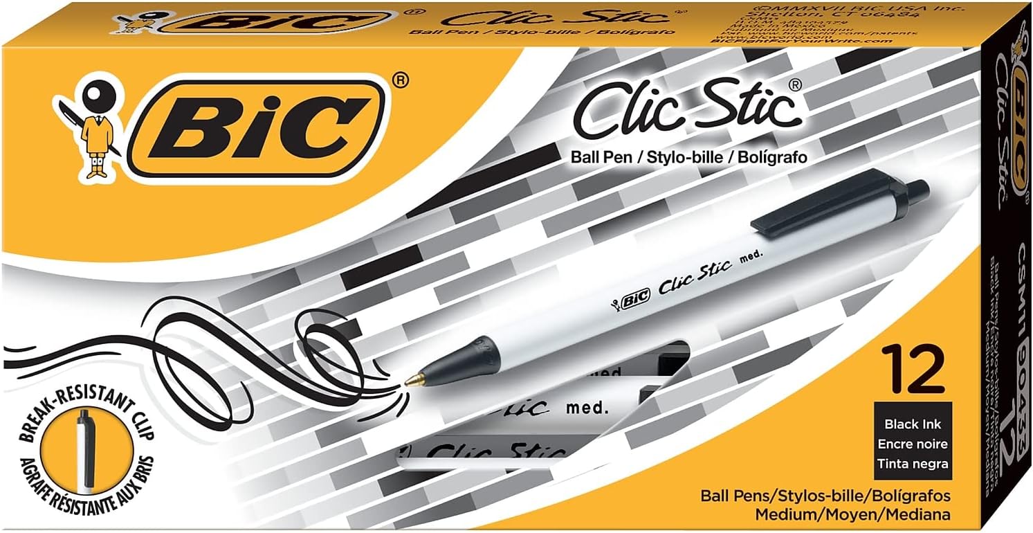 BIC Clic Stic Black Retractable Ballpoint Pens, Medium Point (1.0mm), 12-Count Pack, Round Barrel Design for Comfortable Writing
