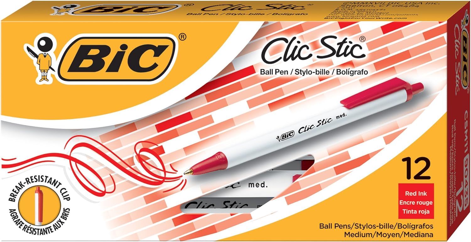 BIC Clic Stic Retractable Ball Pen, Medium Point (1.0 mm), Red Ink, 12-Count, Model: CSM11-Red