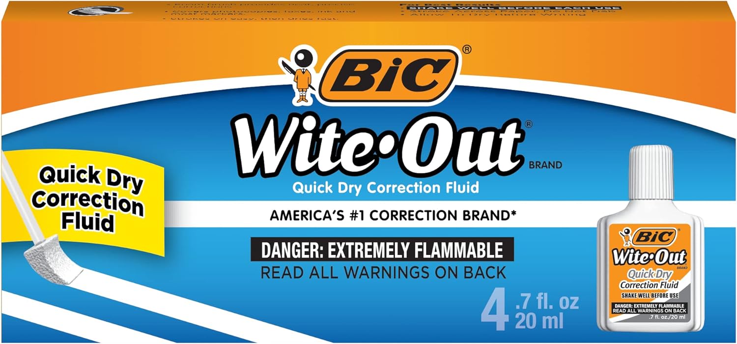 BIC Wite-Out Brand Quick Dry Correction Fluid, 20 mL, White, Goes On Easy With A Reduced Dry Time, 4-Count