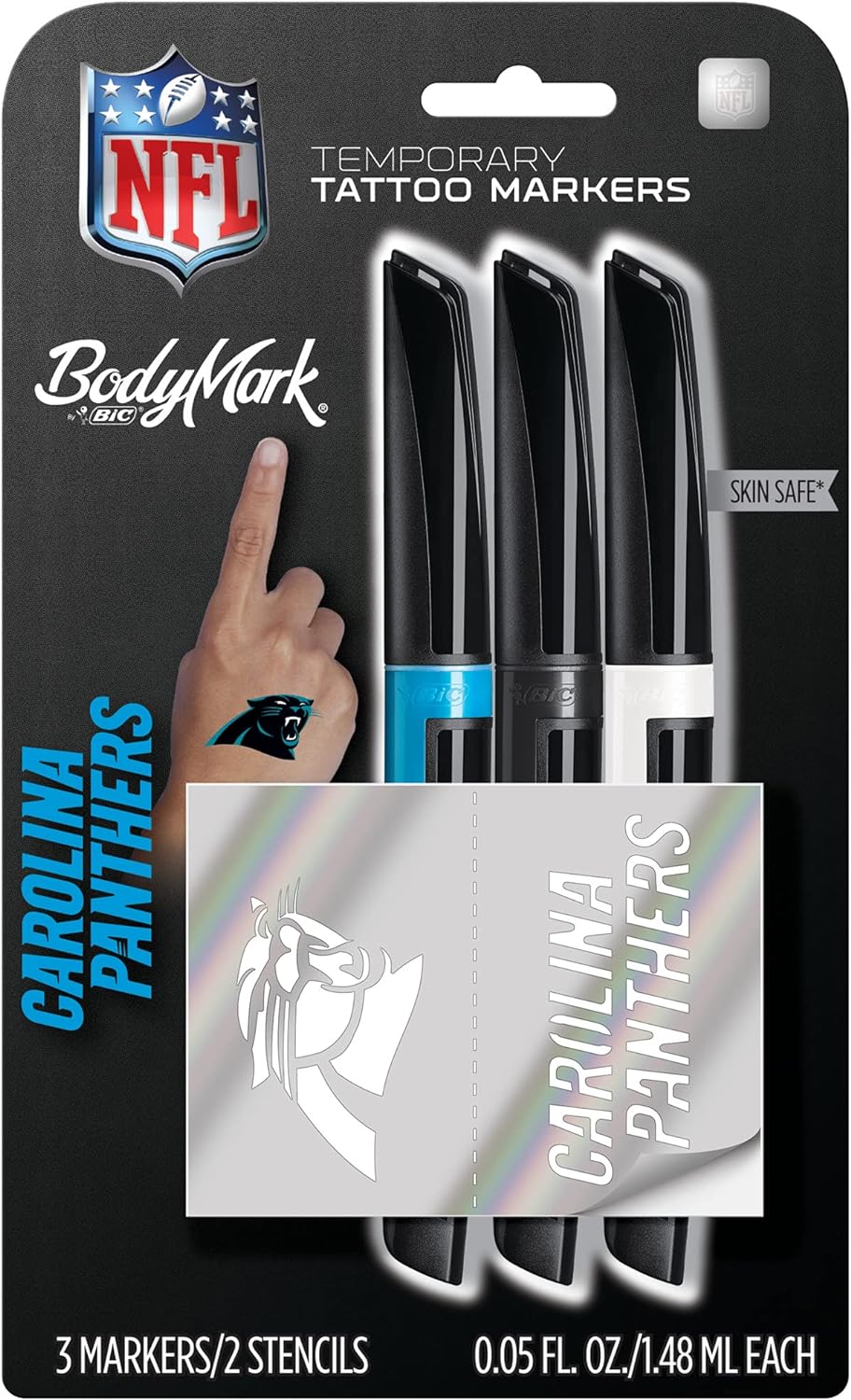 BIC BodyMark, Temporary Tattoo Marker, NFL Series, Carolina Panthers, Skin Safe, Brush Tip, Assorted Colors, 3-Pack with Stencils