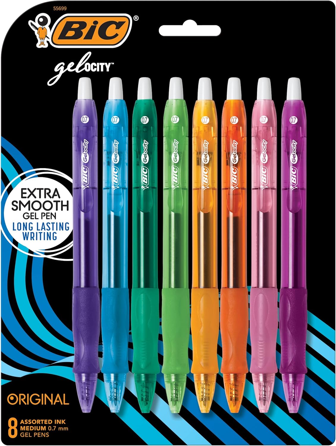 BIC Gelocity Original Long Lasting Fashion Gel Pens, Medium Point (0.7mm) Assorted Ink, 8-Count Pack (RLCAP81-AST)