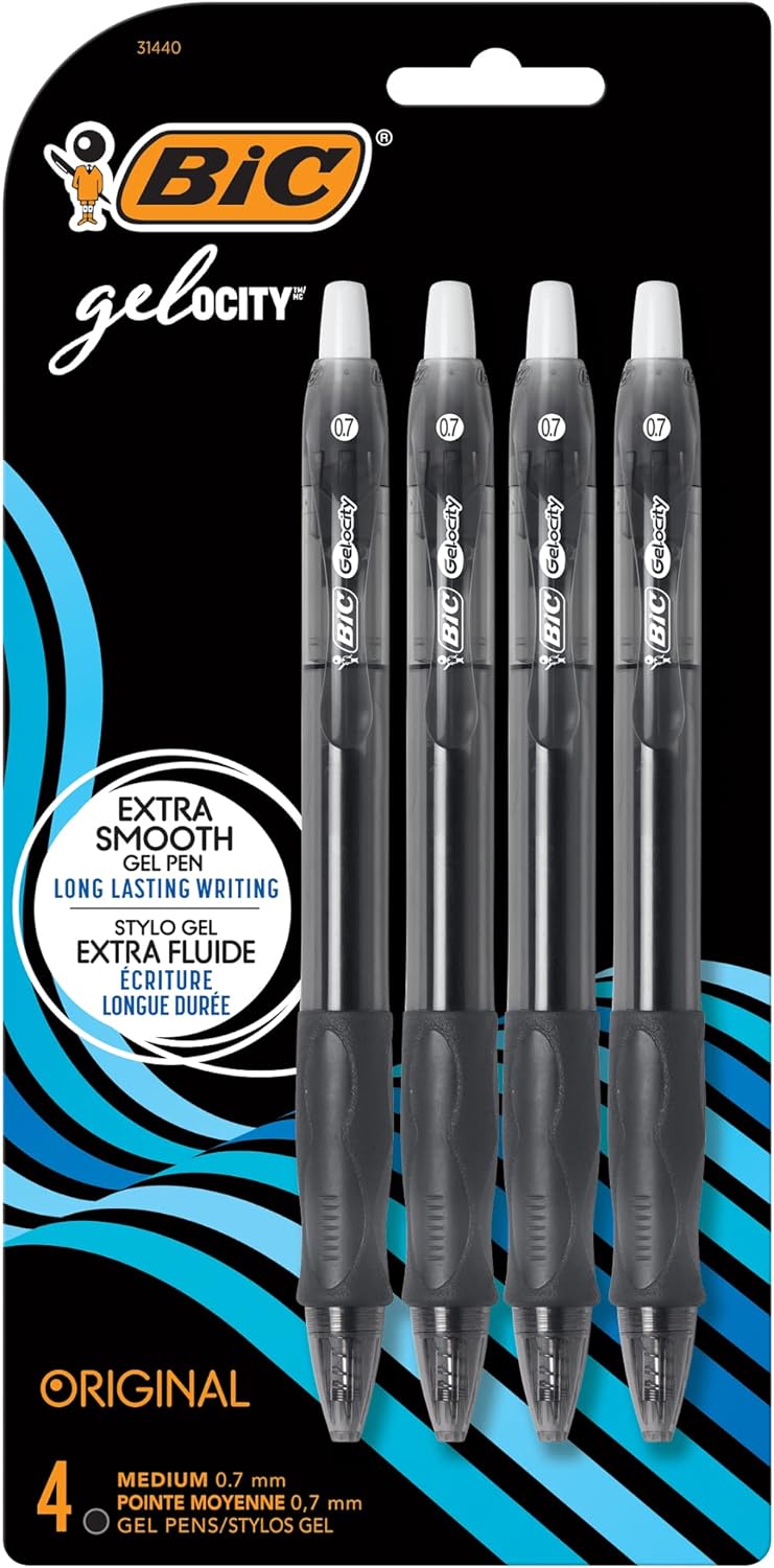 BIC Gel-ocity Original Black Gel Pens, Medium Point (0.7mm), 4-Count Pack, Retractable Gel Pens With Comfortable Grip