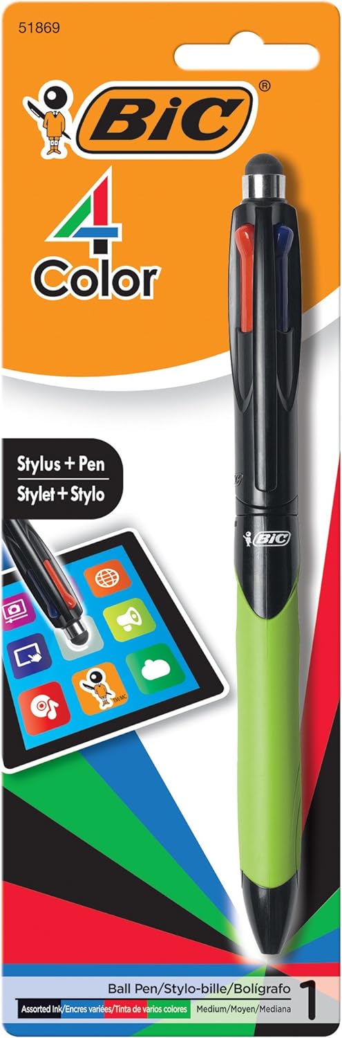 BIC 4-Color Grip Stylus Ball Pen, Medium Point (1.0mm), Assorted Inks, 1-Count (MMGSTP11)