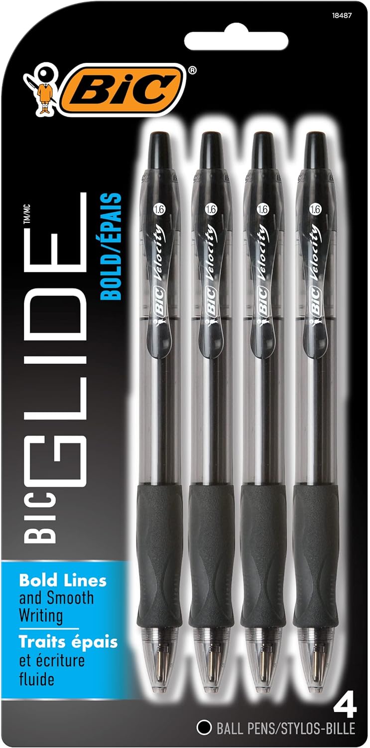 BIC Glide Bold Retractable Ball Point Pen, Bold Point (1.6mm), Black, Great For Everyday Use, 4-Count