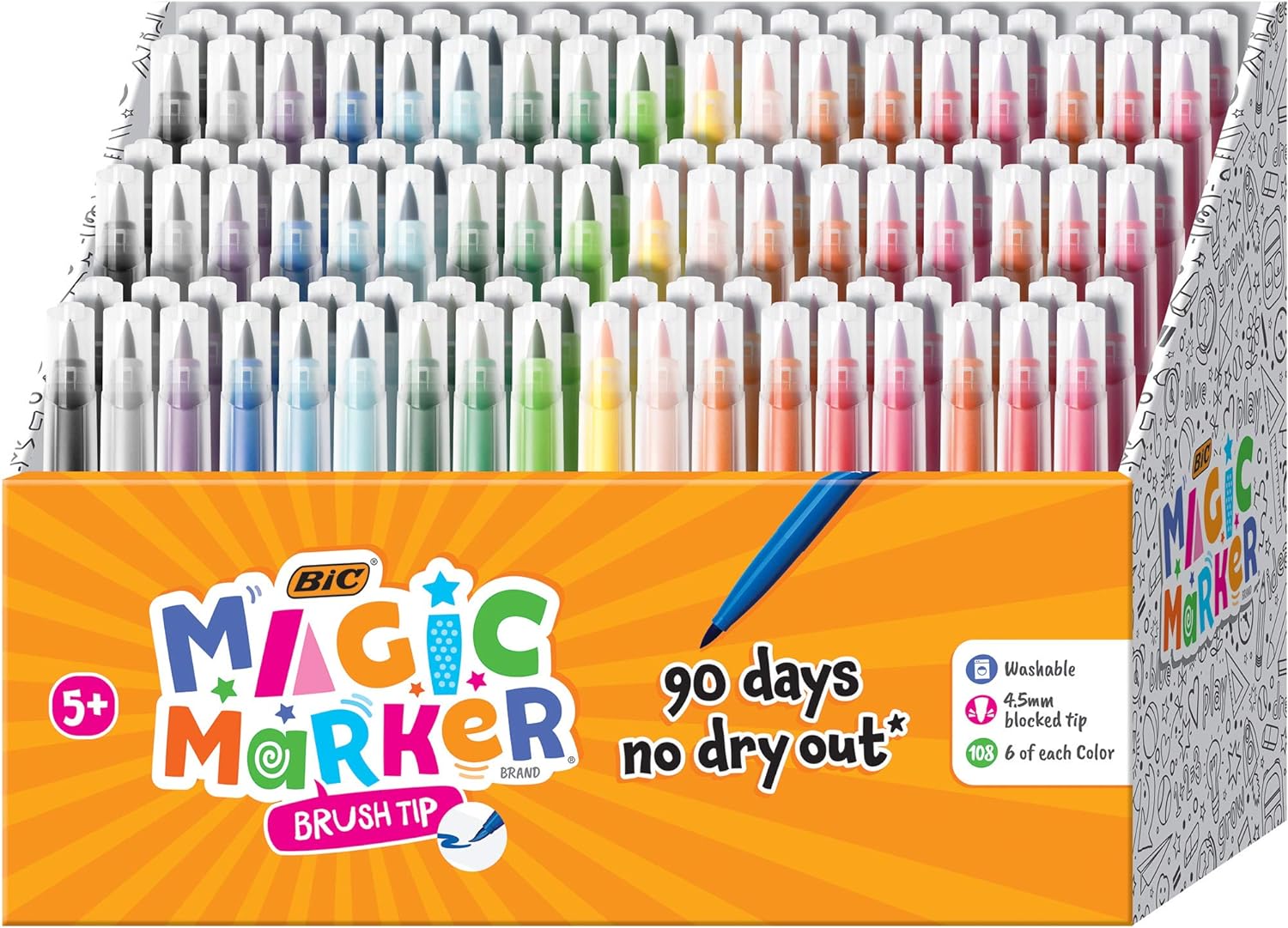 BIC Magic Marker Brush Tip, Assorted Colors, 108-Count