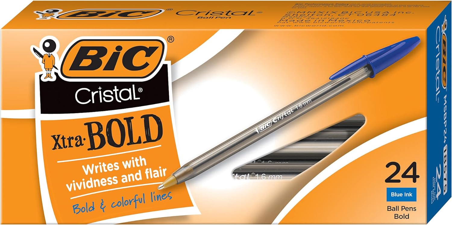 BIC Cristal Xtra Bold Ballpoint Pen, Bold Point (1.6mm) For Vivid And Dramatic Lines, Blue, 24-Count