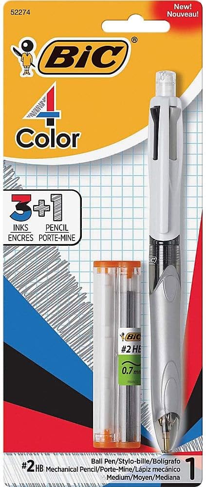 BIC 4-Color 3+1 Ballpoint Pen and Pencil, Pen Medium Point (1.0 mm), Pencil 0.7mm Lead, Assorted Ink Colors, 1-Count