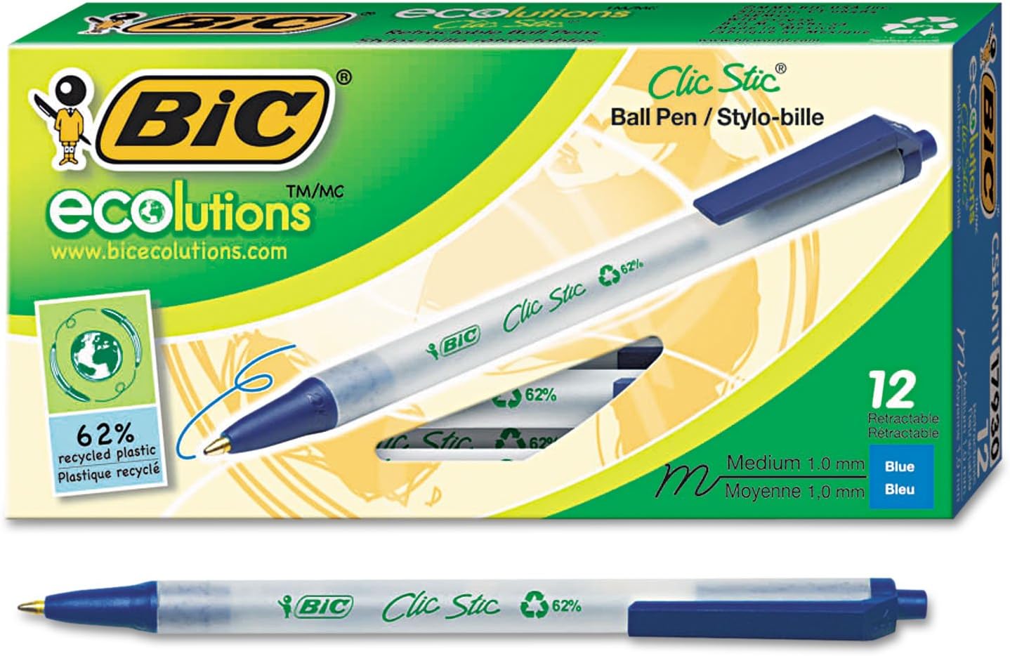BIC Ecolutions Clic Stic Blue Ballpoint Pens, Medium Point (1.0mm), 12-Count Pack, Retractable Ball Point Pens Made from 78% Recycled Plastic