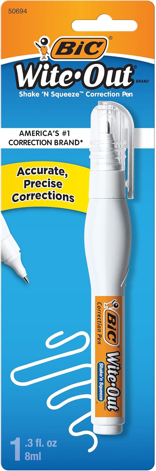 BIC Wite-Out Brand Shake 'n Squeeze Correction Pen, 8 ML Fluid, 1 Count Pack of white Pens, Fast, Clean and Easy to Use Pen Office or School Supplies