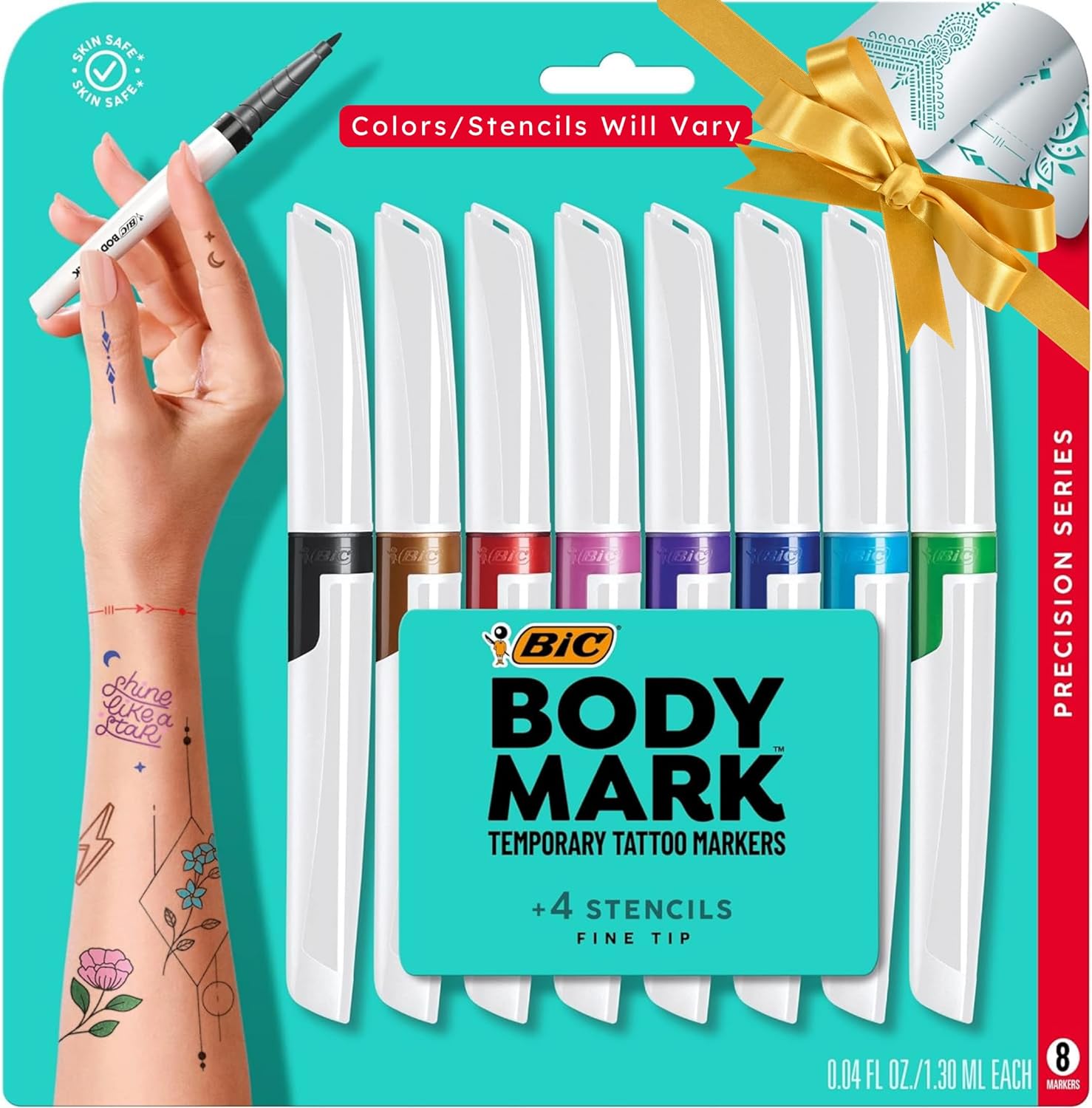 BIC BodyMark Temporary Tattoo Markers for Skin, Precision Series, Fine Tip, 8-Count Pack of Assorted Colors, Skin-Safe*, Cosmetic Quality (MTBFP81-AST)