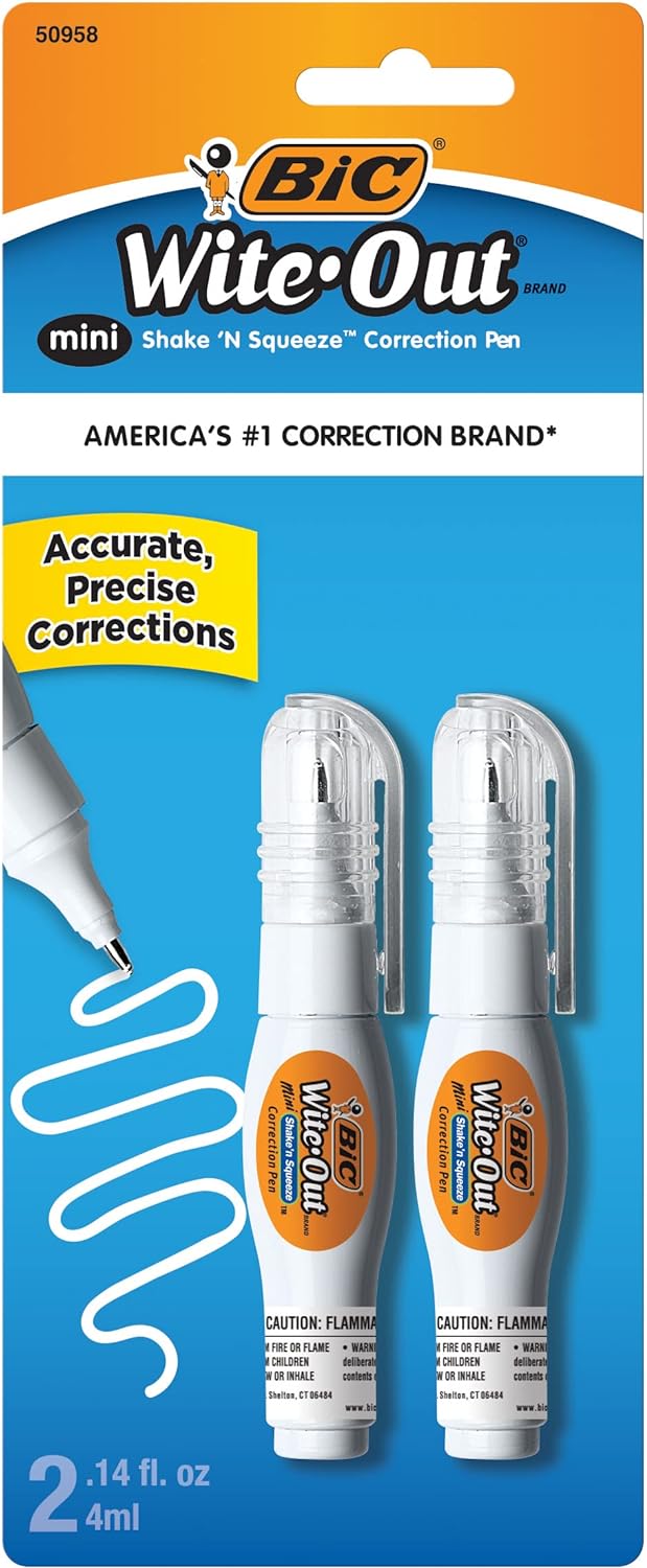 BIC Wite-Out Brand Mini Shake 'n Squeeze Correction Pen, 4ml, White, 2-Count