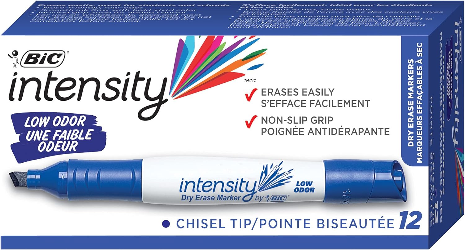 BIC Intensity Low Odor Dry Erase Marker, Tank Style, XL Chisel Tip, Blue, Bold And Vivid Color, 12-Count
