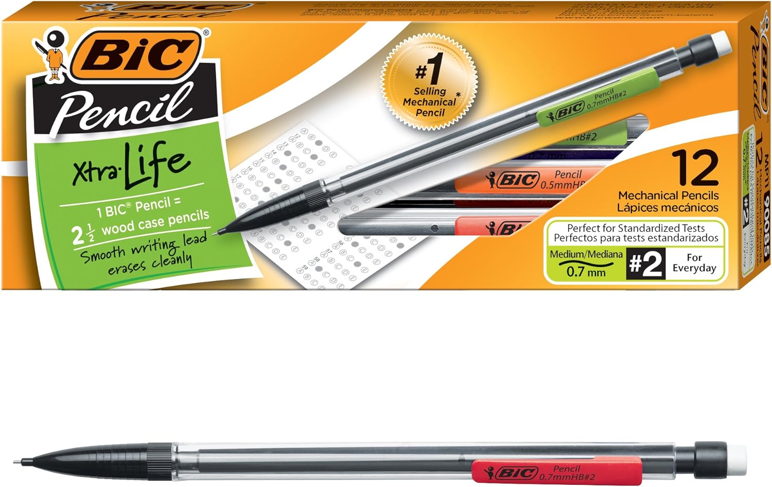 BIC Xtra-Life Mechanical Pencil, Clear Barrel, Medium Point (0.7mm), 12-Count , Black