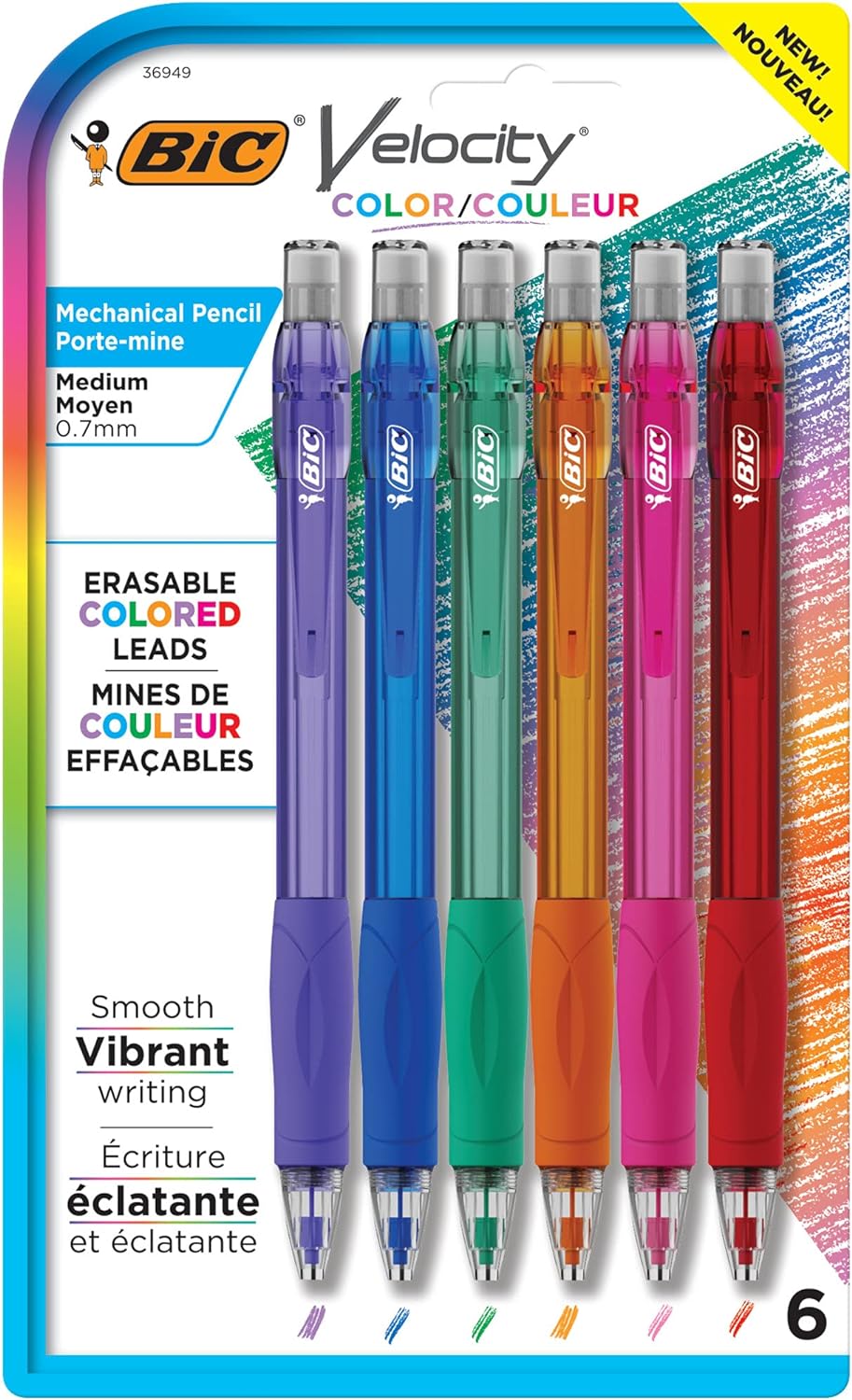 BIC Velocity Mechanical Pencils with Colored Leads, Medium Point (0.7 mm), 6-Count Pack, Perfect for Drawing and Journaling (MV7CP61-AST)