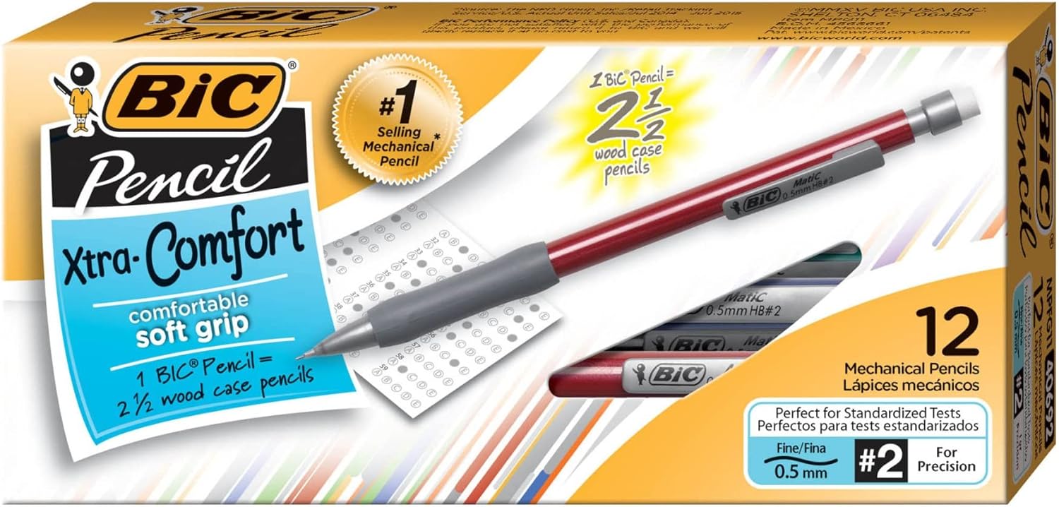 BIC Xtra-Comfort Mechanical Pencil, 0.5mm Fine Point, Black, 12 Pack