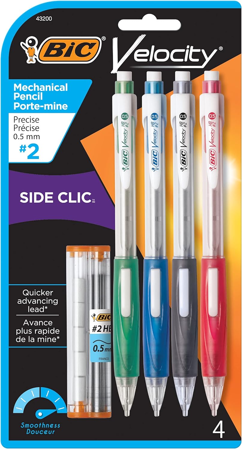 BIC Velocity Side Clic Mechanical Pencil, Medium Point (0.5mm), Black, Soft Comfortable Grip, 4-Count
