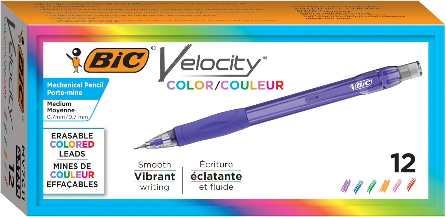 BIC Velocity Color Mechanical Pencil, Medium Point (0.7mm), Assorted Colored Leads, Soft Comfortable Grip, 12-Count
