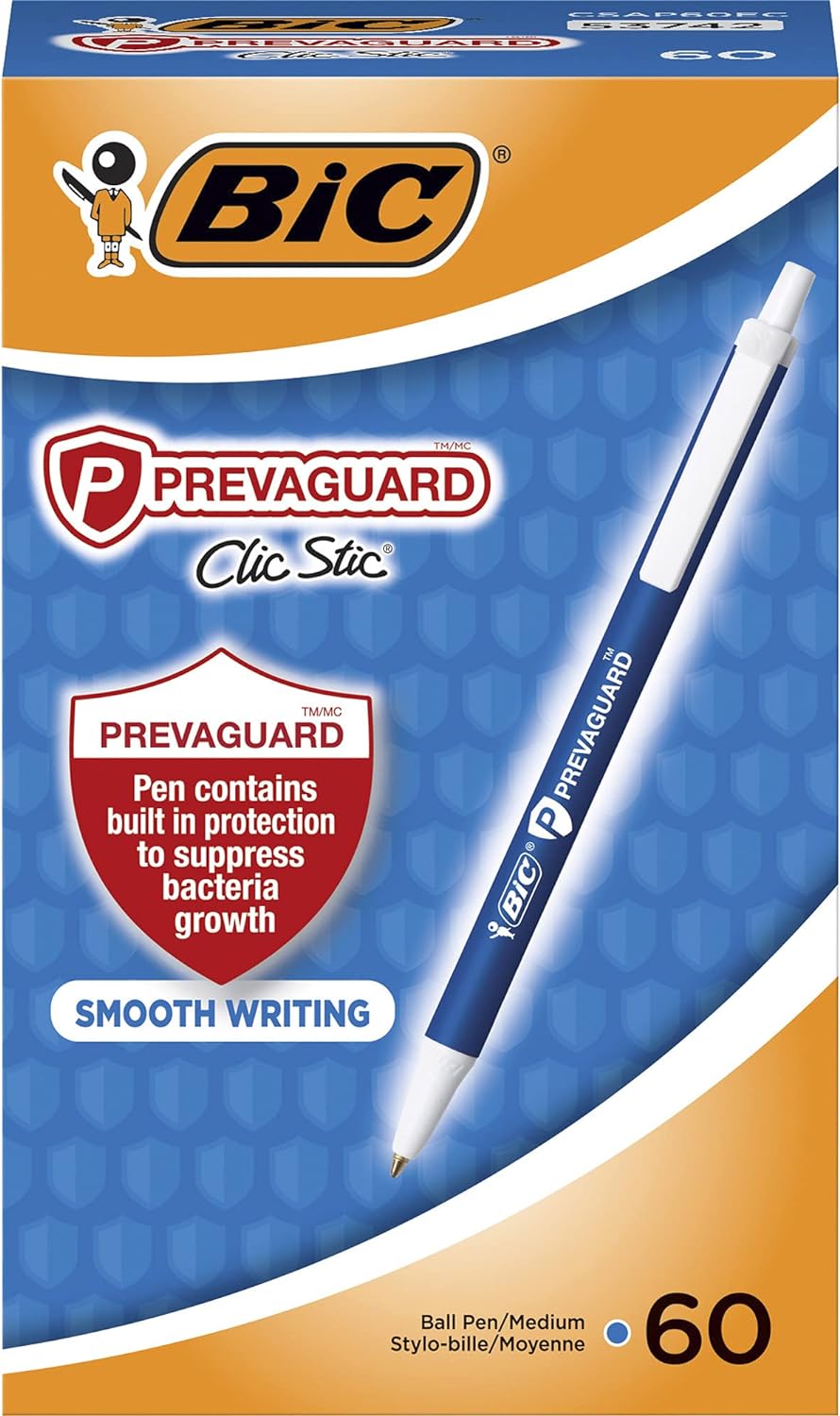 BIC PrevaGuard Clic Stic Ballpoint Pen Contains Built-in Protection On the Pen To Suppress Bacteria Growth, Blue, 60-Count