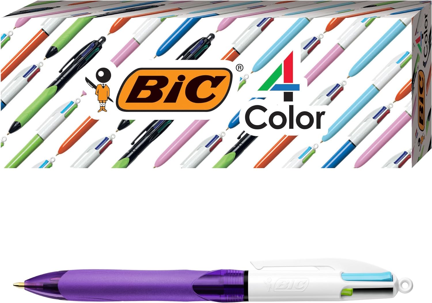 BIC 4-Color Grip Ballpoint Pen, Purple Barrel, Medium Point (1.0mm), Assorted Inks, 3-Count
