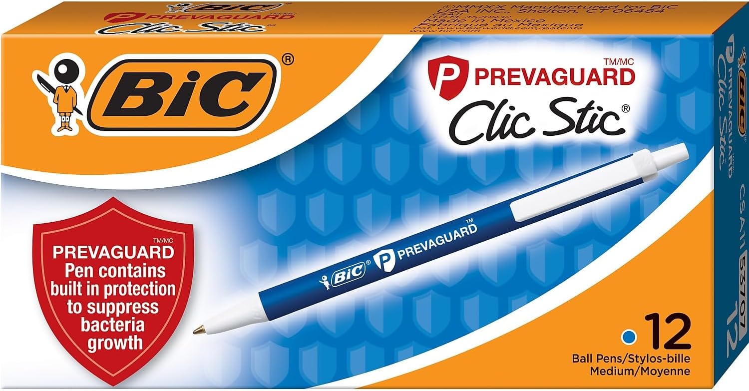 BIC PrevaGuard Clic Stic Ballpoint Pen Contains Built-in Protection On the Pen To Suppress Bacteria Growth, 12-Count
