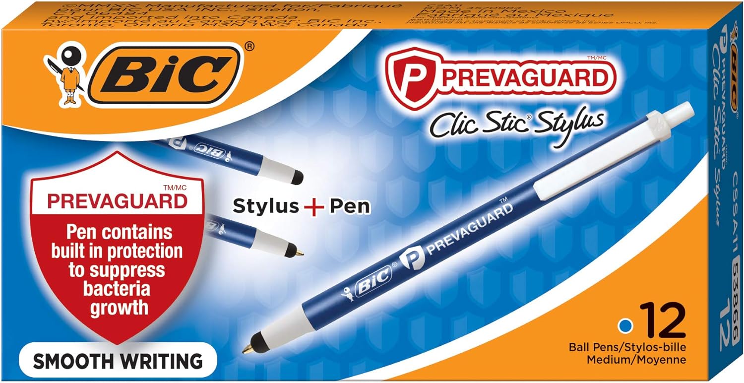 BIC PrevaGuard Clic Stic Ballpoint Pen & Stylus, With Built-in Protection To Suppress Bacteria Growth, Medium Point (1.0mm), Blue, 12-Count
