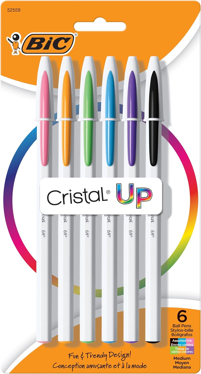 BIC Cristal Up Ballpoint Pen, Medium Point (1.2mm) Distributes Ink Evenly, Assorted Colors, 6-Count
