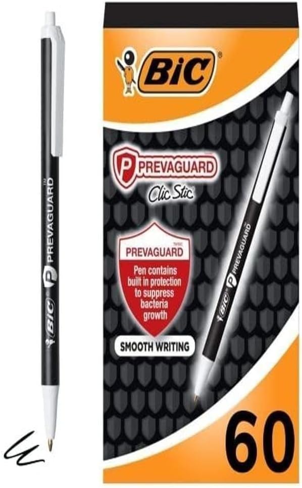 BIC PrevaGuard Clic Stic Ballpoint Pen Contains Built-in Protection On the Pen To Suppress Bacteria Growth, Black, 60-Count