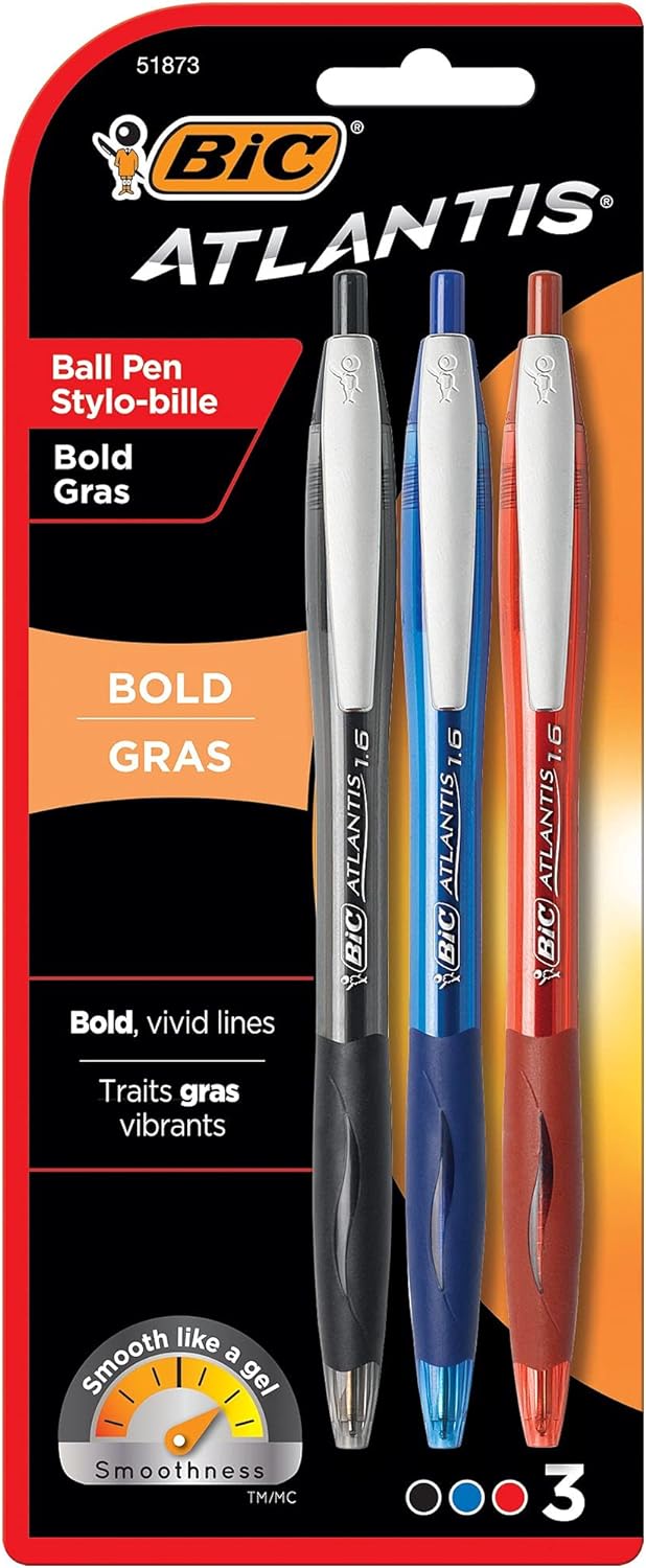 BIC Atlantis Bold Retractable Ballpoint Pen, Bold Point (1.6mm), Assorted Colors, Comfortable Rubber Grip, 3-Count
