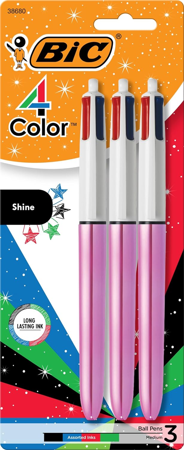 BIC 4-Color Shine Retractable Ball Pens, Fun Pink Metallic Barrel, Medium Point (1.0mm), 3-Count Pack, Retractable Ball Pen With Long-Lasting Ink