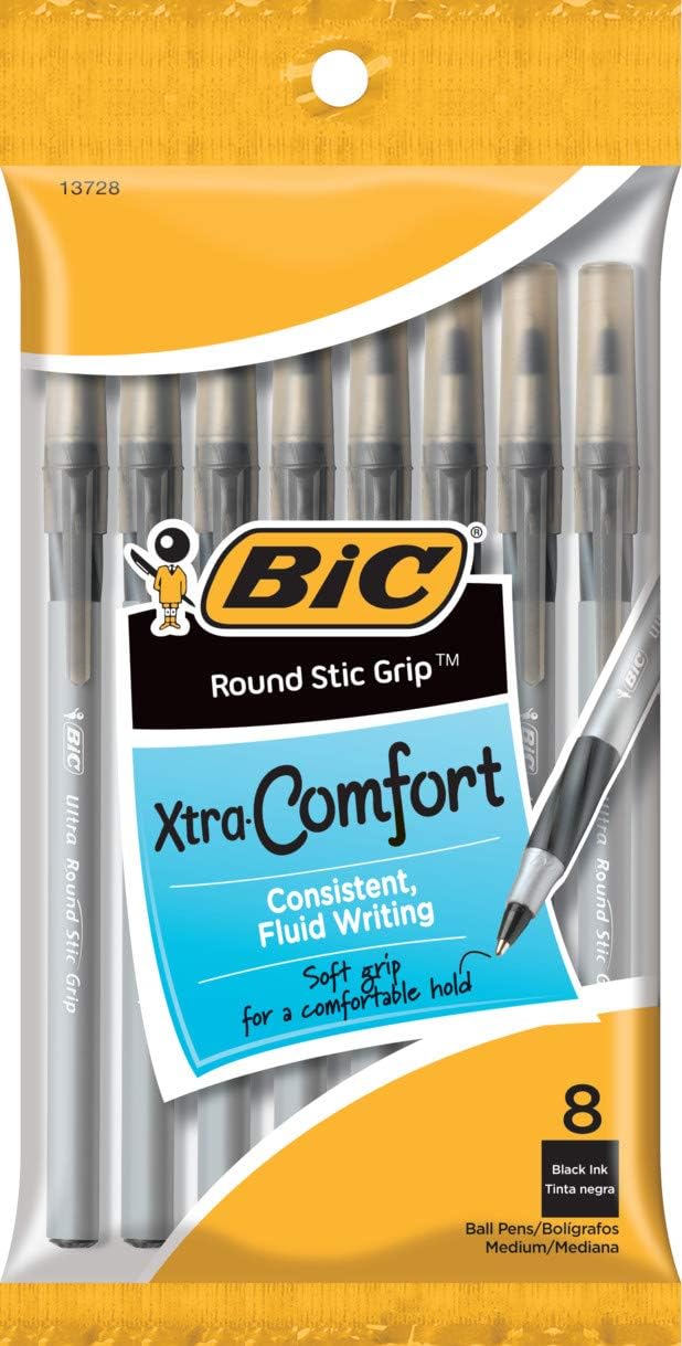 BIC Round Stic Grip Xtra Comfort Black Ballpoint Pens, Medium Point (1.2mm), 8-Count Pack, Perfect Writing Pens With Soft Grip for Superb Comfort and Control.