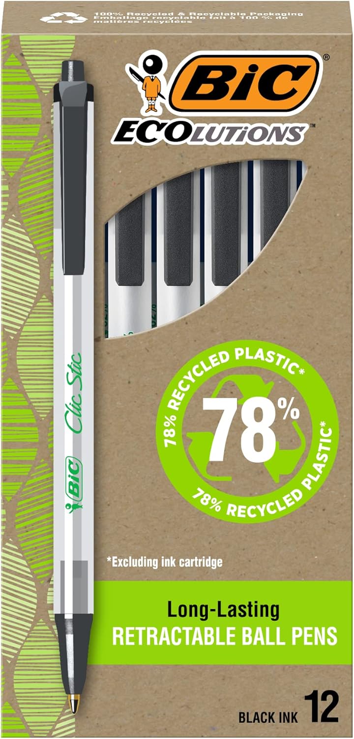 BIC Ecolutions Clic Stic Black Ballpoint Pens, Medium Point (1.0mm), 12-Count Pack, Retractable Ball Point Pens Made from 78% Recycled Plastic