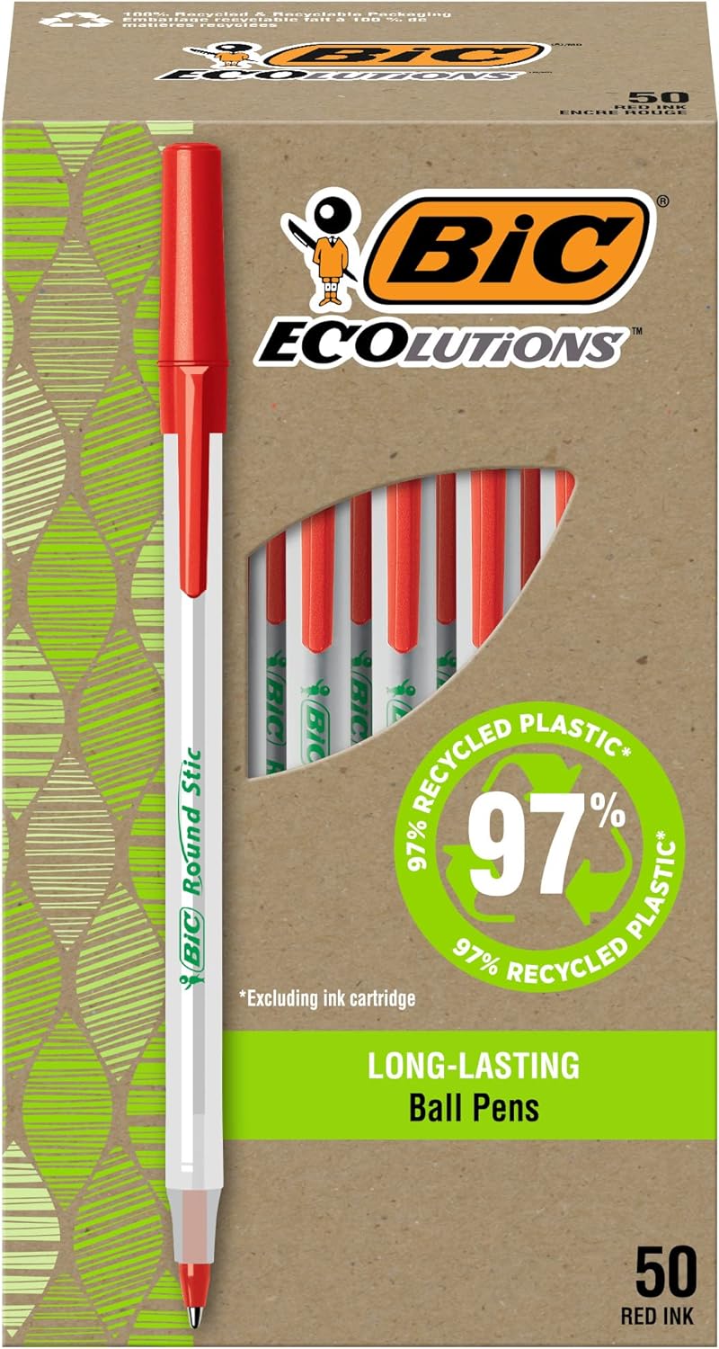 BIC ReVolution Round Stic Ball Point Red Pens, Medium Point (1.0mm), Made From 74% Recycled Plastic, Red Pens, 50-Count