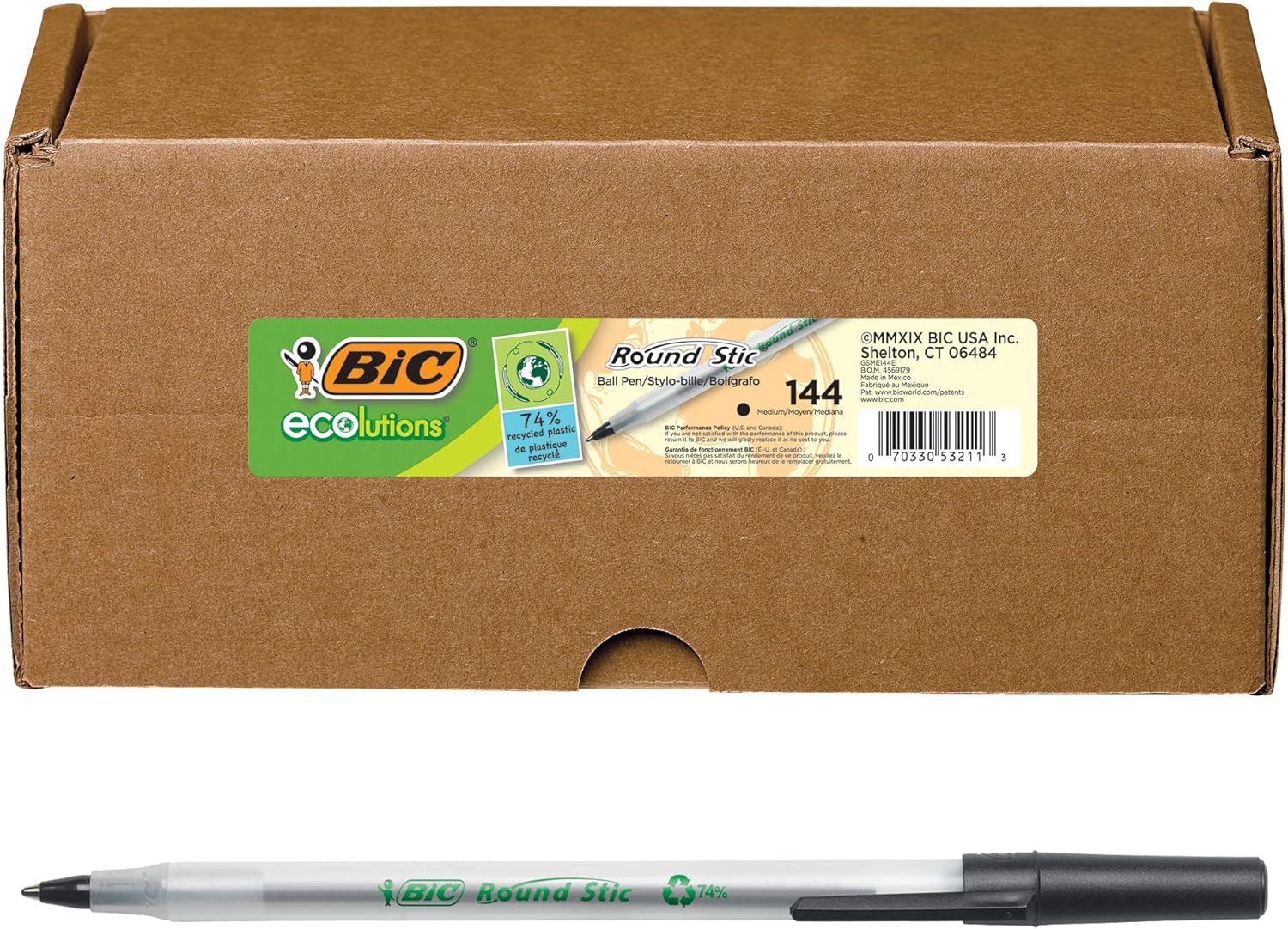BIC Ecolutions Round Stic Ballpoint Pen, Medium Point (1.0mm), Black, 144-Count, For a Smooth Writing Experience