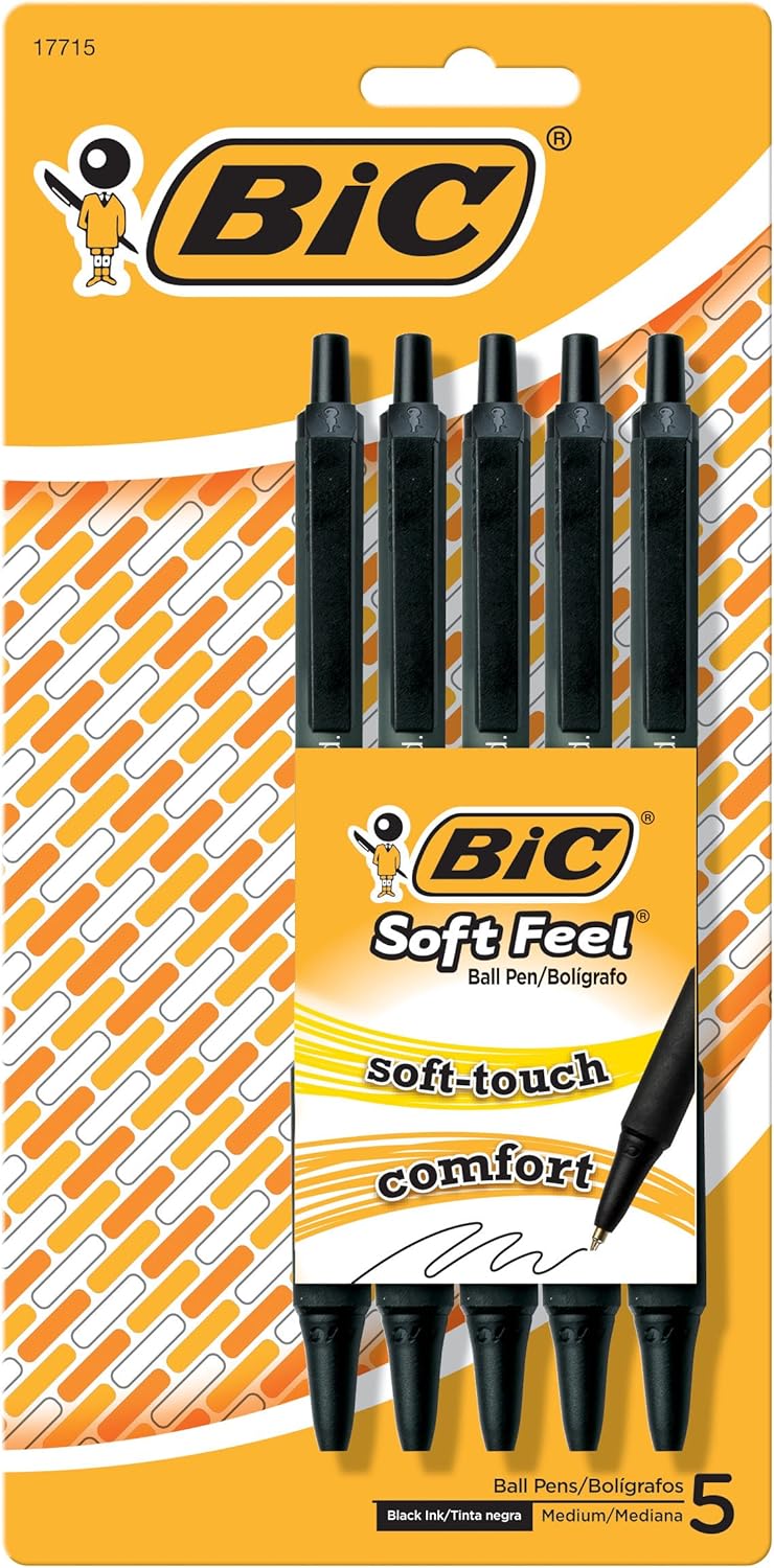 BIC Soft Feel Black Retractable Ballpoint Pens, Medium Point (1.0mm), 5-Count Pack, Black Pens With Soft-Touch Comfort Grip