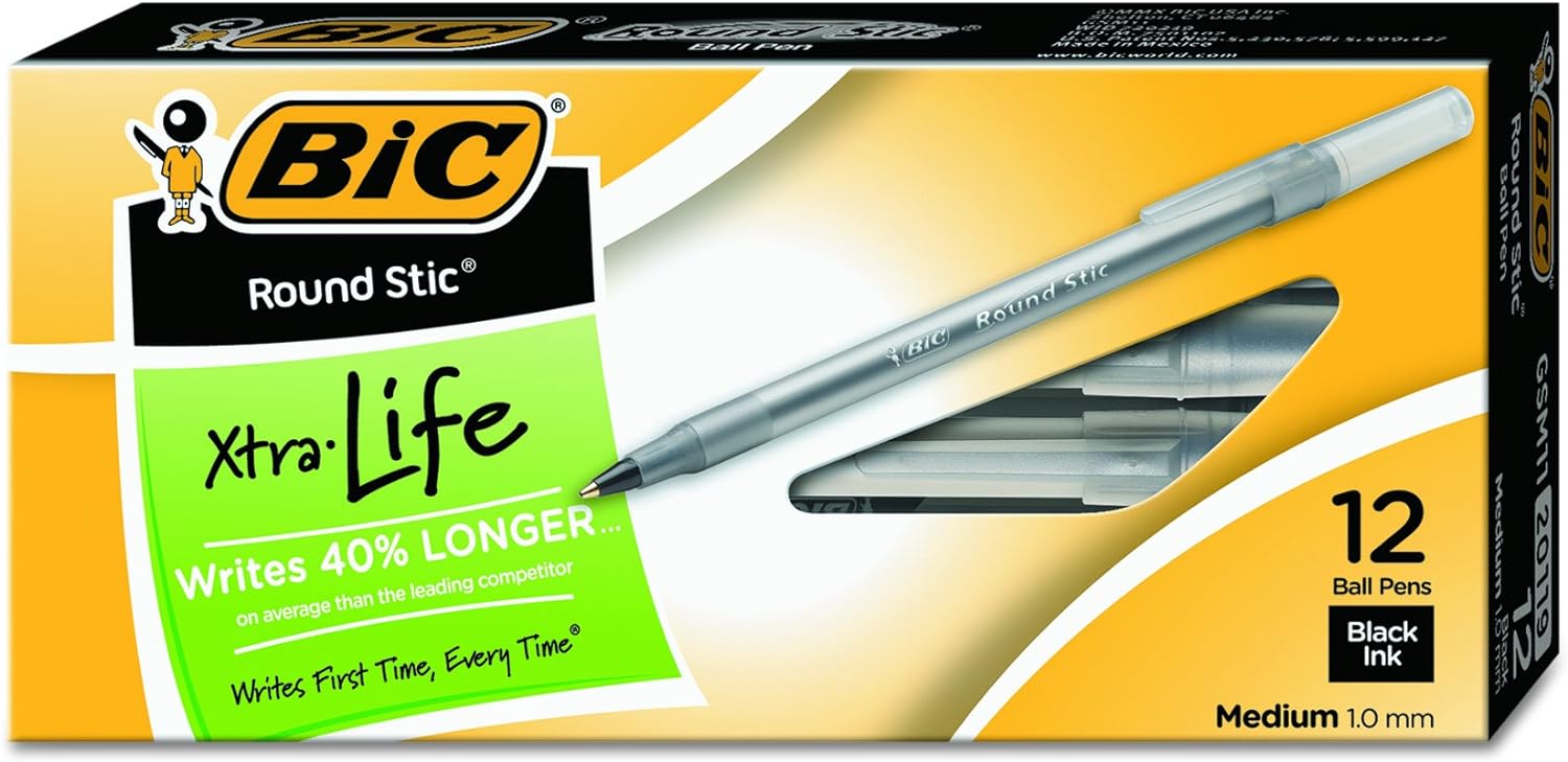 BIC Round Stic Xtra Life Ballpoint Pen, Medium Point (1.0mm), Black, 12-Count