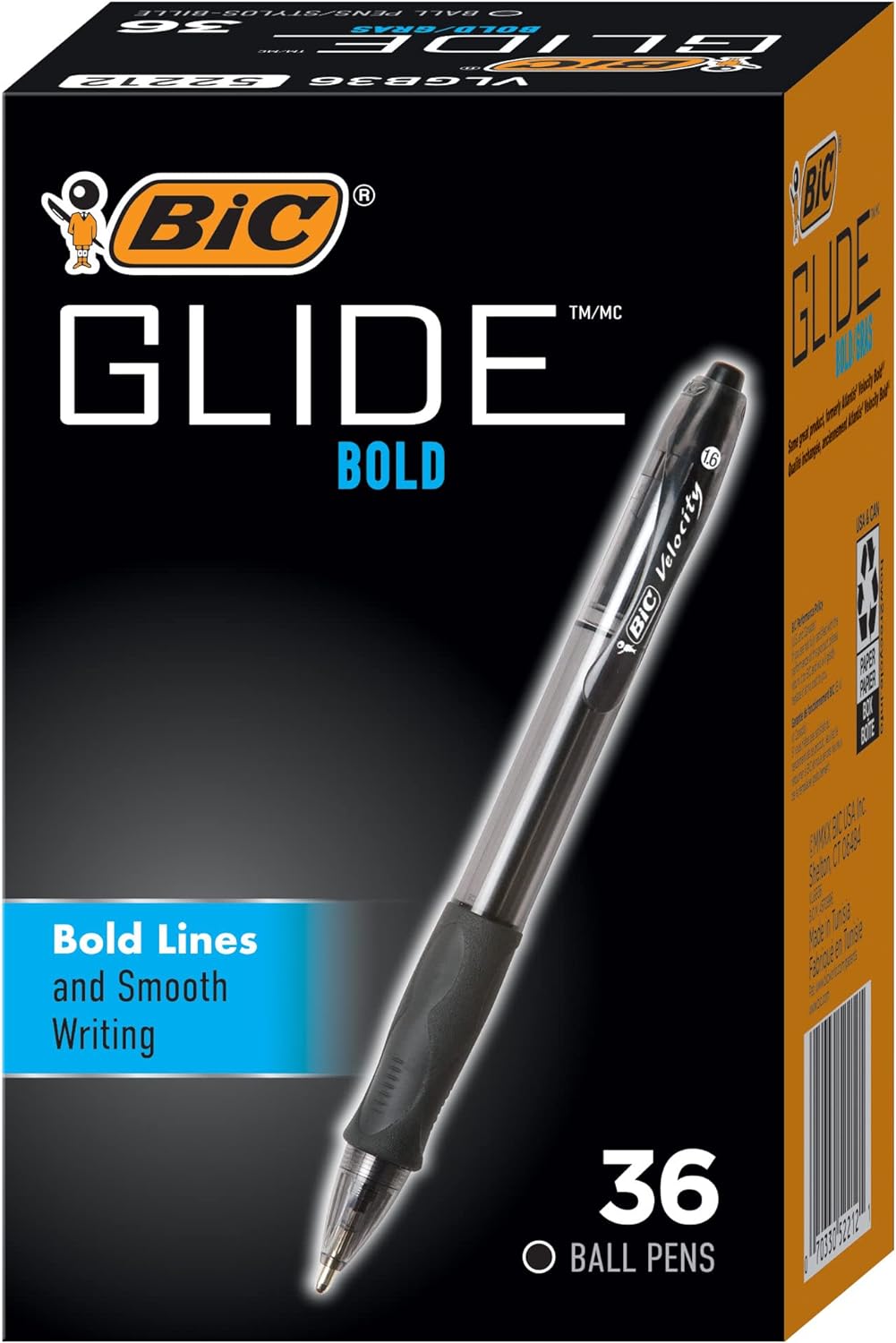 BIC Glide Bold Retractable Ballpoint Pens, Bold Point (1.6mm), Black Ink Pens, 36-Count Pack, Pens for School and Office Supplies (VLGB361-BLK)