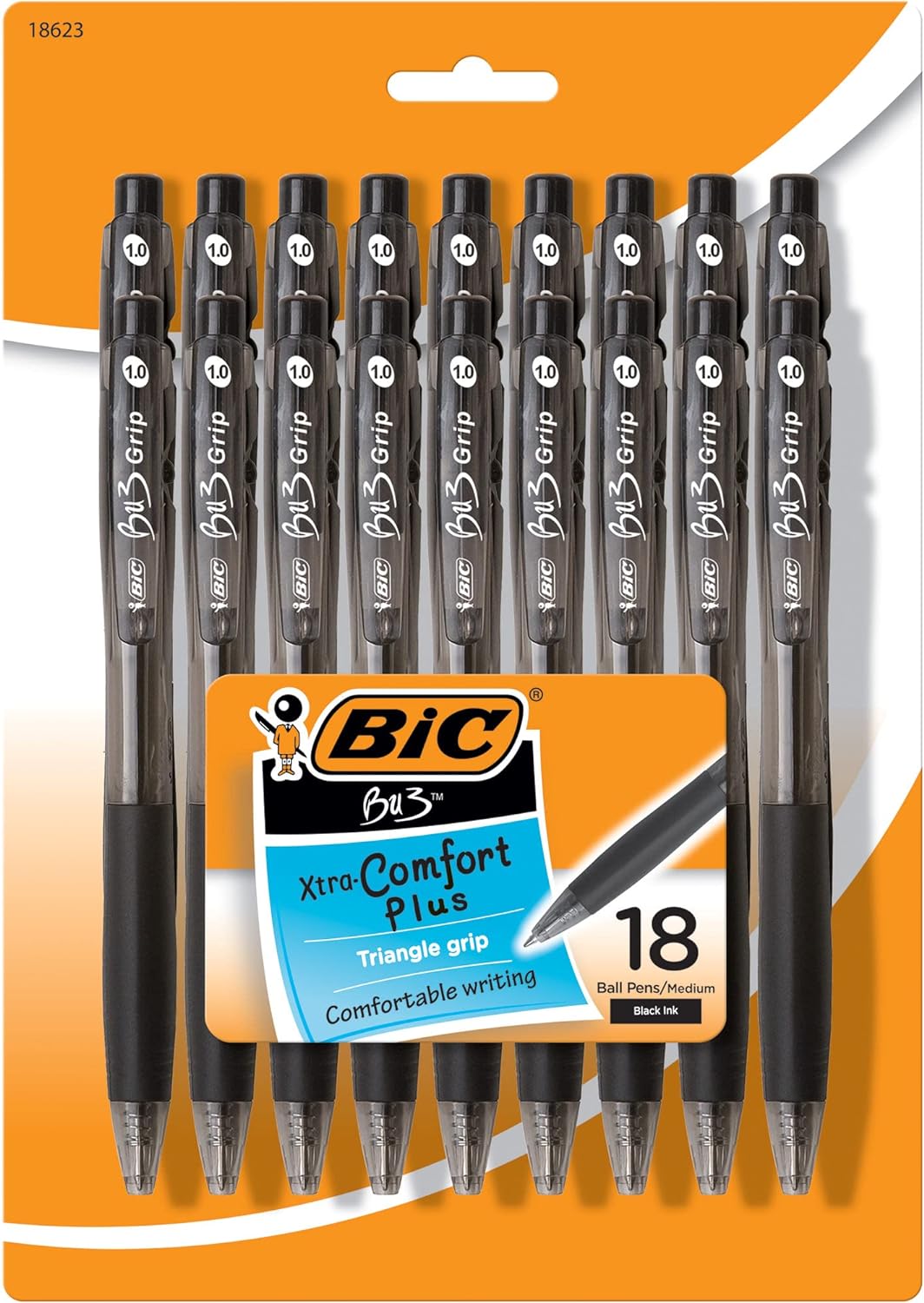 BIC BU3 Grip Retractable Ballpoint Pen, Medium Point (1.0mm), Black, Side Click Retraction For Added Convenience, 18-Count