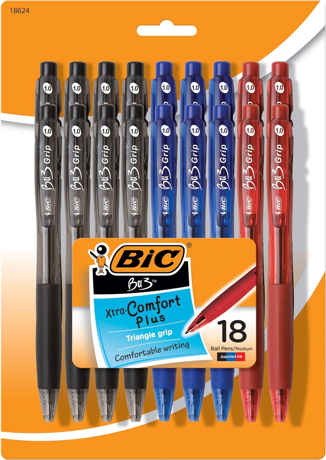 BIC BU3 Grip Retractable Ball Pen, Medium Point (1.0mm), Black, Comfortable Grip for Smooth Writing, 18-Count