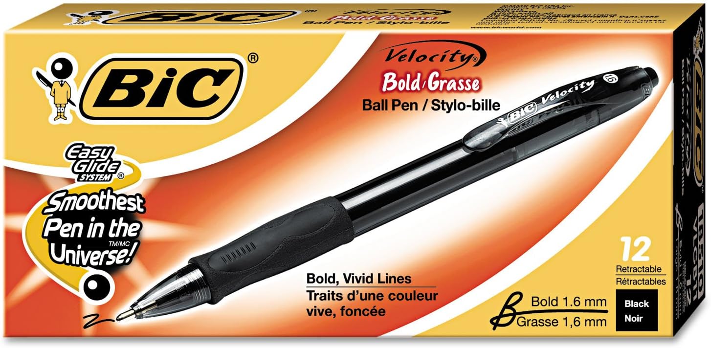 BIC Glide Bold Black Ballpoint Pens, Bold Point (1.6mm), 12-Count Pack, Retractable Ballpoint Pens With Comfortable Full Grip