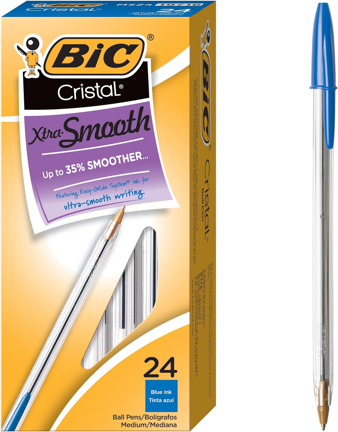 BIC Cristal Xtra Smooth Ballpoint Pen, Medium Point (1.0mm), Blue, 24-Count