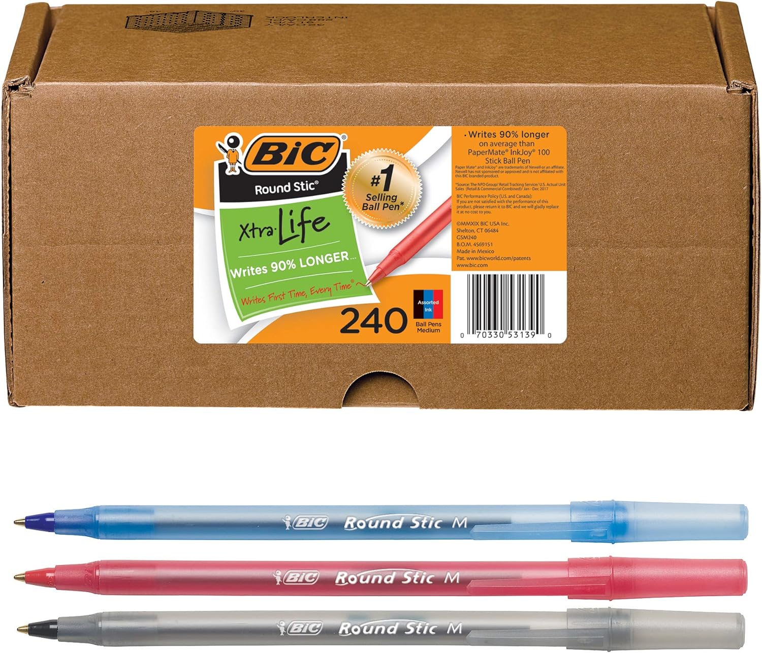 BIC Round Stic Xtra Life Ball Point Pen, Assorted, 240 Pack