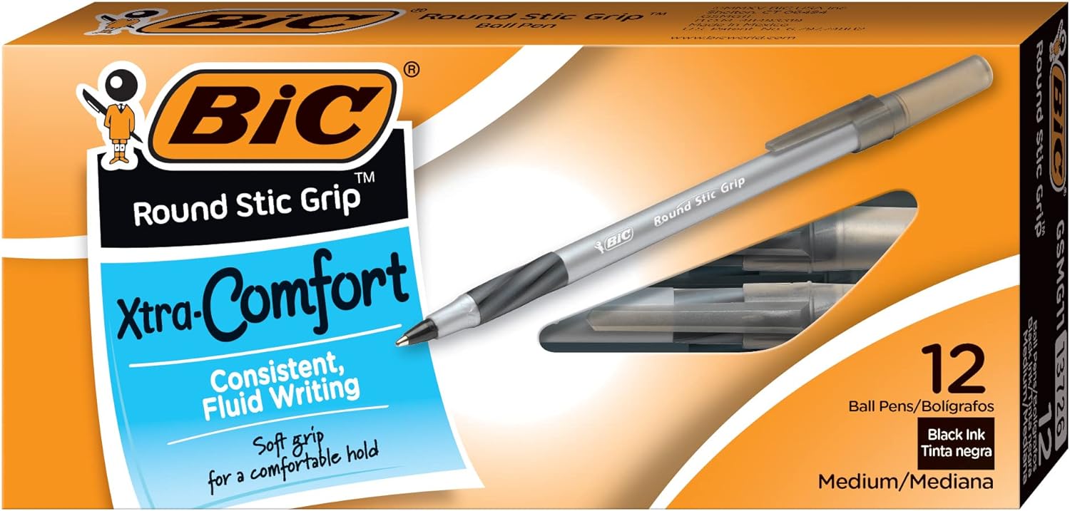 BIC Round Stic Grip Xtra Comfort Ballpoint Pen, Medium Point (1.2mm), Black, 12-Count