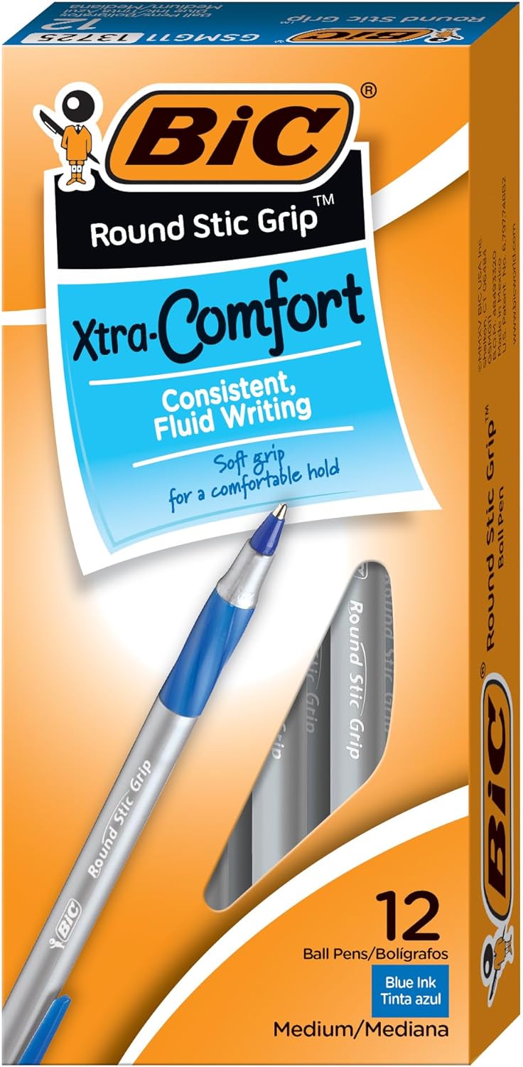 BIC Round Stic Grip Xtra Comfort Blue Ballpoint Pens, Medium Point (1.2mm), 12-Count Pack, Excellent Writing Pens With Soft Grip for Superb Comfort and Control