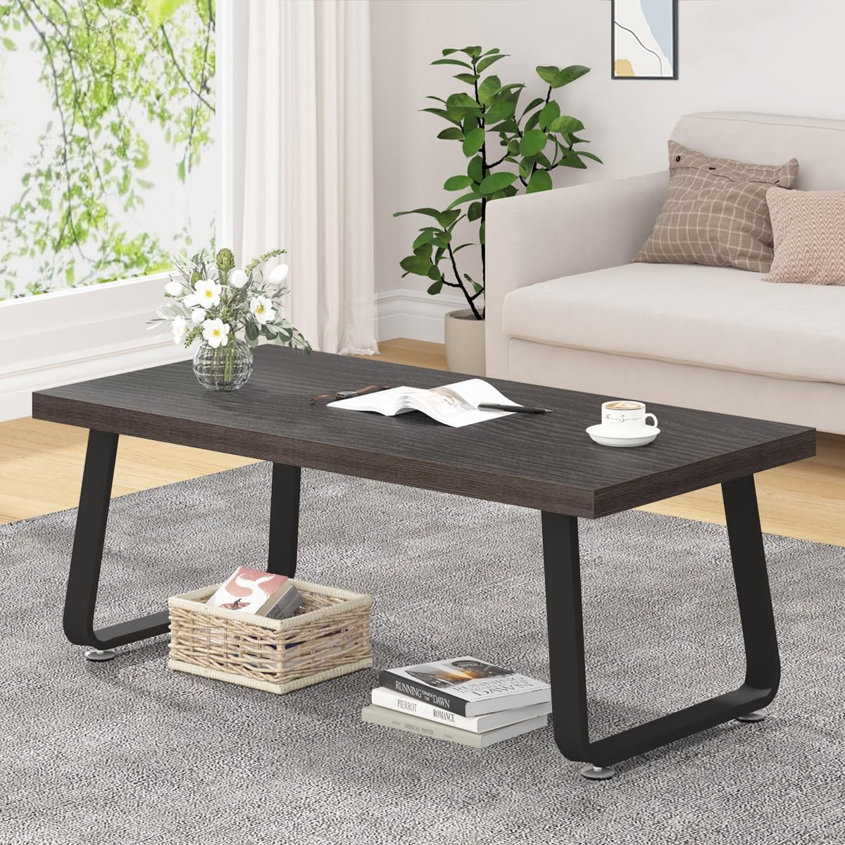 HSH Coffee Table, Industrial Wooden Coffee Table, Modern Minimalist Rectangular Center Table for Living Room, Wood and Metal Legs Cocktail Tea Table for Bedroom Home Office, Dark Gray Oak, 47 Inch