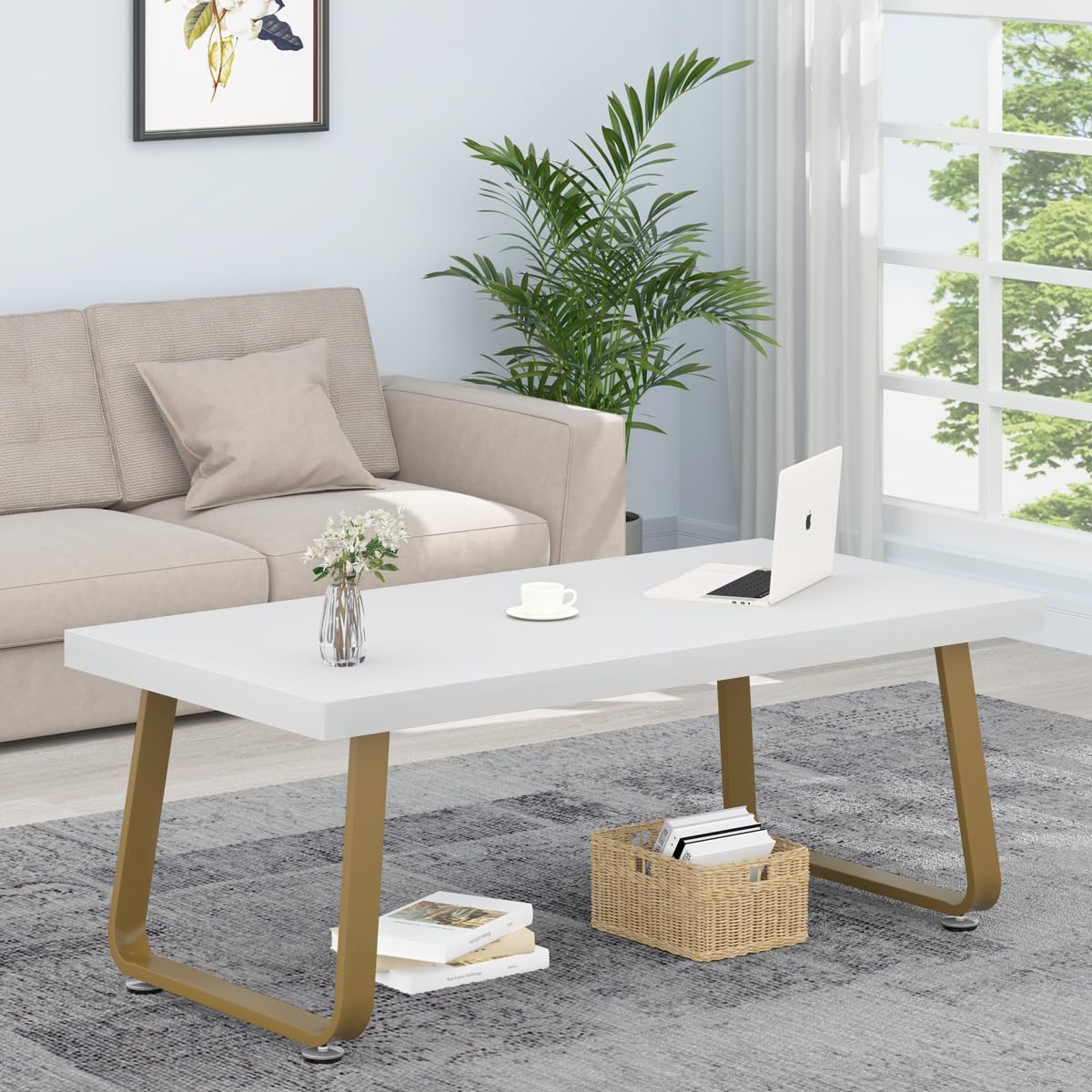 HSH Gold Coffee Table, Modern Simple Center Table for Living Room, Farmhouse Wooden Tea Table for Bedroom Office, Minimalist Rectangle Wood and Metal Legs Cocktail Table, White and Gold, 47 Inch