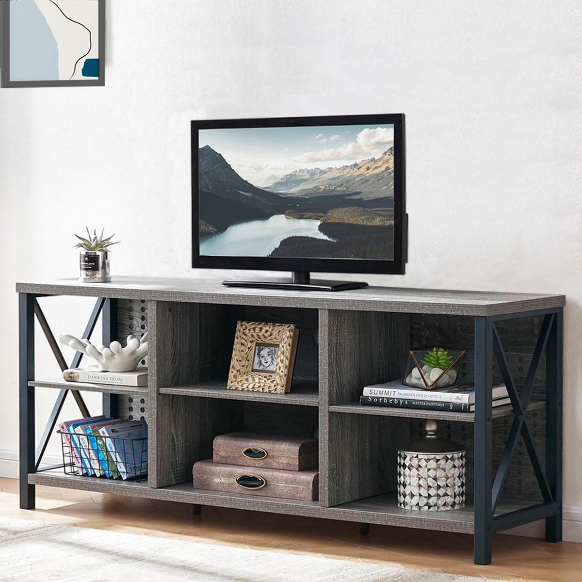 LVB Rustic TV Stand for 55 Inch TV, Industrial Home Entertainment Center with Cabinet Storage Shelf, Modern Wood and Metal Television Media Console Table for Bedroom Living Room, Light Gray Oak, 47 In