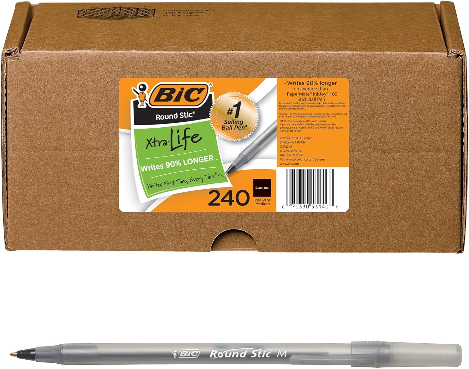 BIC Round Stic Xtra Life Ball Pen, Medium Point (1.0mm), Assorted Colors, 240-Count
