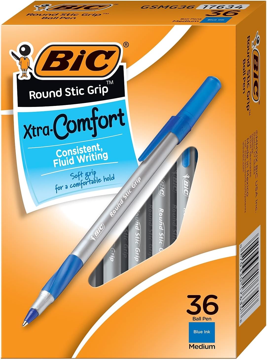 BIC Round Stic Grip Xtra Comfort Blue Ballpoint Pens, Medium Point (1.2mm), 36-Count Pack, Excellent Writing Pens With Soft Grip for Superb Comfort and Control