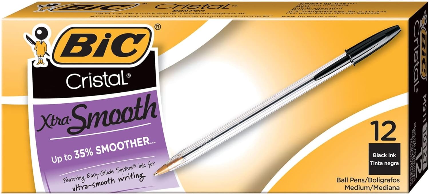BIC Cristal Xtra Smooth Black Ballpoint Pens, Reliable Medium Point (1.0mm), 12-Count Pack